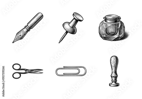 Vintage office supplies collection in hand drawn engraving style featuring fountain pen inkwell scissors paperclip pushpin and wax seal stamp