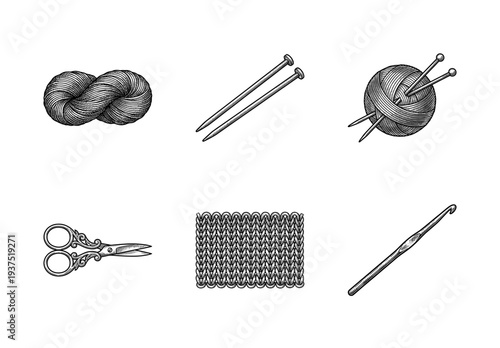 Vintage style engraving illustration of knitting and crochet tools collection featuring yarn skeins, needles, scissors, and a crochet hook