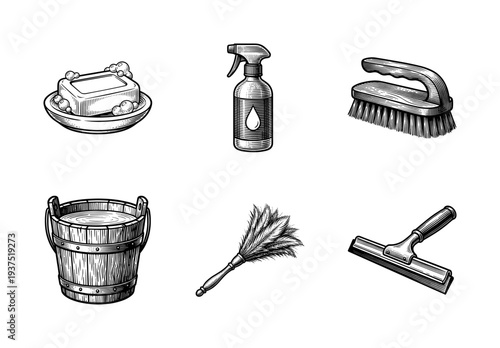 Set of vintage woodcut style cleaning tools icons featuring soap bucket brush spray and squeegee illustrations