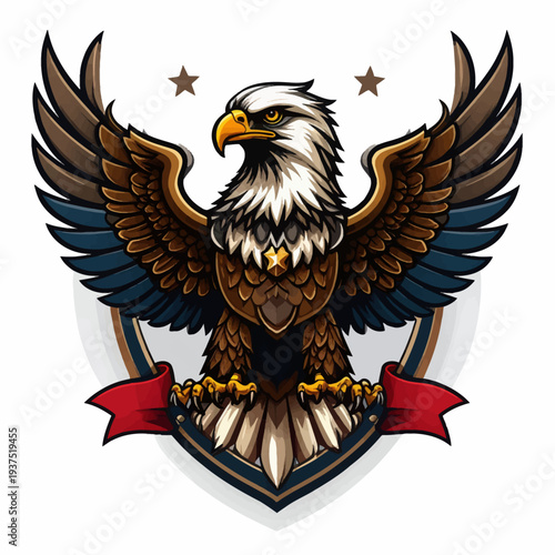 A brown and white eagle with outstretched wings and a red banner on a white background with two brown stars