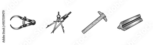 Vintage technical drawing tools set featuring calipers drafting compass T-square and triangular scale ruler in engraved woodcut style.