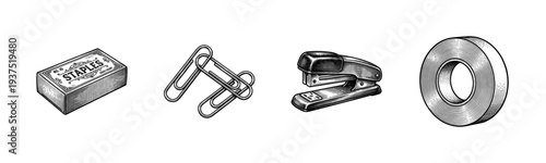 Vintage style engraving illustration of office supplies collection featuring staples box paper clips stapler and adhesive tape roll