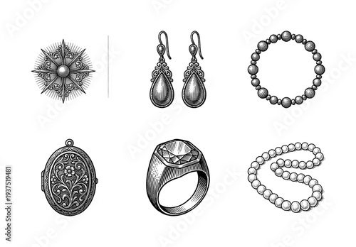 Vintage engraving style jewelry collection featuring ornate locket, drop earrings, gemstone ring, pearl necklace, and decorative sunburst medallion.