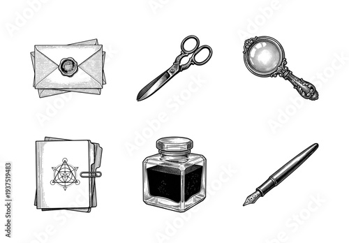 Vintage stationary and detective office equipment collection in hand drawn engraved style featuring inkwell fountain pen magnifying glass and wax sealed letters