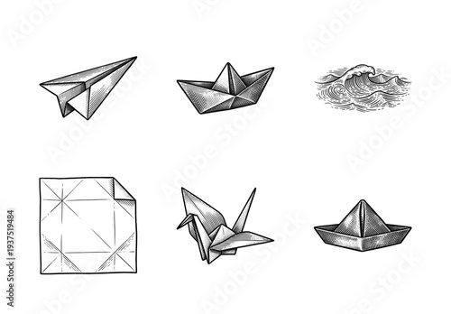 Collection of origami paper crafts and ocean wave in vintage woodcut engraving style including plane bird and boats