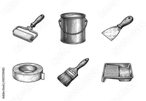 Set of vintage engraving style illustrations featuring house painting tools including brushes, rollers, paint cans, and scrapers for home improvement projects.