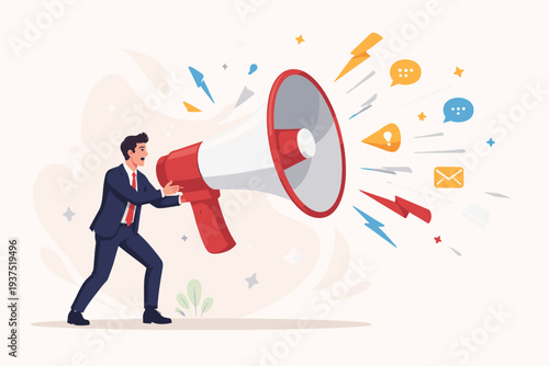 Businessman shouting into a giant megaphone for marketing and advertising. Important announcement concept with speech bubbles, email, and lightning icons. Professional communication flat vector.