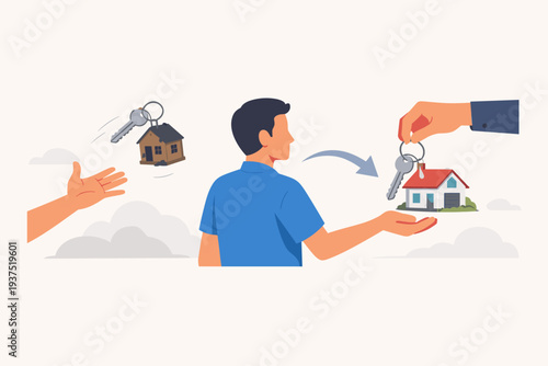 Man Selling Old Dilapidated House and Buying New Modern Home Vector Illustration. Real Estate Property Trading Concept with Hand Giving Keys for New Residence and Discarding Old Building. Mortgage.