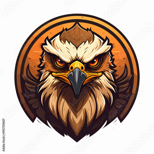 Illustration of a fierce eagle head with sharp eyes and beak in a circular orange emblem on a white background