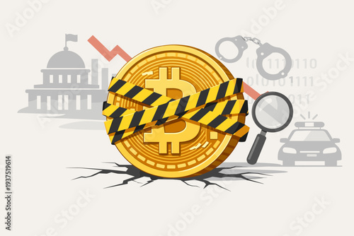 Bitcoin Cryptocurrency Banned by Government Regulation Concept with Gold Coin Wrapped in Caution Tape, Handcuffs, Police Car, and Magnifying Glass Illustrating Digital Crime and Market Crash