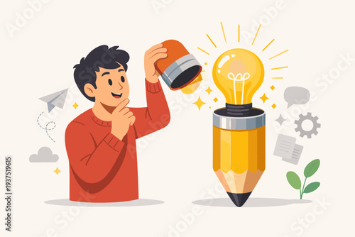 Vector illustration of a man opening a pencil to reveal a bright light bulb, representing creative thinking, inspiration, imagination, brainstorming, innovation, knowledge, and education.