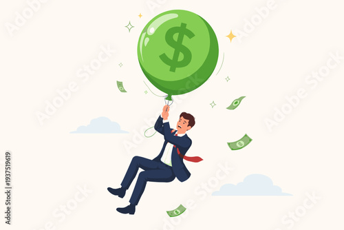 Worried businessman investor clinging to a large green dollar sign balloon floating in the sky with falling money. Concept of financial bubble, inflation, economic risk, and market instability.