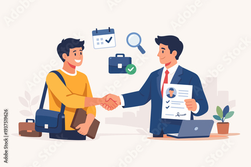 Job Offer from Employer with Employment Contract and Career Recruitment Interview. HR Human Resource Manager Shaking Hands with Candidate for Hiring Success, Professional Growth, and New Job.