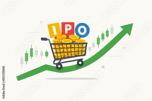 Initial Public Offering IPO Concept with Shopping Cart Full of Gold Coins Moving Up on a Green Growth Arrow and Stock Market Candlestick Chart Background, Business Investment and Trading Vector