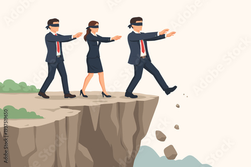 Blindfolded Business People Walking Off a Cliff Representing Bad Leadership, Wrong Decisions, and Corporate Failure. Group of Professionals in Suits Following Each Other into Danger and Risk.