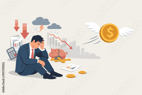 Stressed Businessman Sitting on Floor with Broken Piggy Bank and Flying Money, Representing Financial Loss, Business Failure, Economic Crisis, Bankruptcy, Debt, and Investment Mistake Illustration.