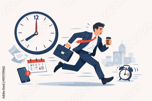 Stressed businessman in a suit running fast to work, rushing to meet a deadline under pressure with a large clock, calendar, and alarm clock in the background, time management and busy lifestyle.