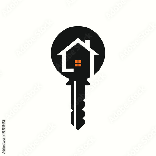 Real estate key logo design with house silhouette and window detail for property management and residential home sales or rental services isolated on clean white background vector