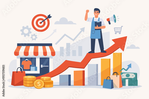 Successful Small Business Entrepreneur Growing Retail Store with Marketing Strategy and Sales Growth. Business Owner Standing on Rising Arrow Graph with Shop, Money, and Shopping Bags Vector.