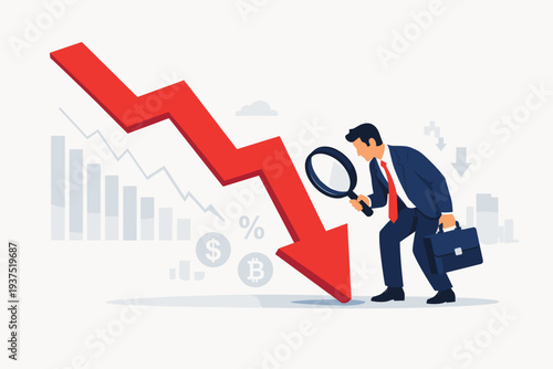 Businessman Analyzing Stock Market Crash and Economic Recession with Magnifying Glass, Red Downward Arrow Representing Financial Crisis, Cryptocurrency Decline, Inflation, and Bear Market Trend