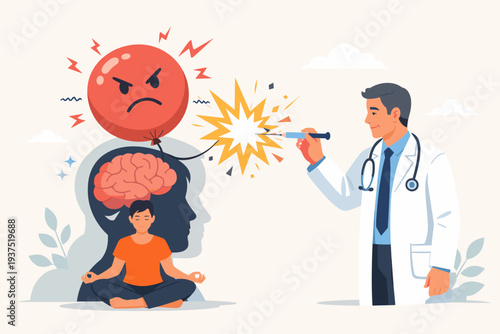 Doctor popping an angry balloon to relieve stress and anxiety for a meditating person, representing mental health support, psychological therapy, emotional balance, and relaxation techniques.