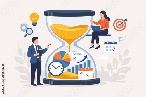 Business Time Management and Productivity Concept with Professionals Working Near a Large Hourglass, Analyzing Data Charts, Tracking Work Hours, and Meeting Project Deadlines Vector Illustration