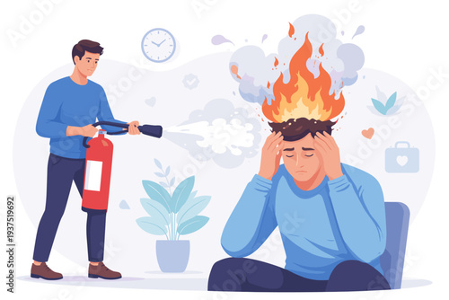 Man Using Fire Extinguisher to Cool Down Burning Mind of Stressed Person, Mental Health Therapy Concept for Burnout, Anger Management, Anxiety Relief, Depression Cure, and Emotional Support