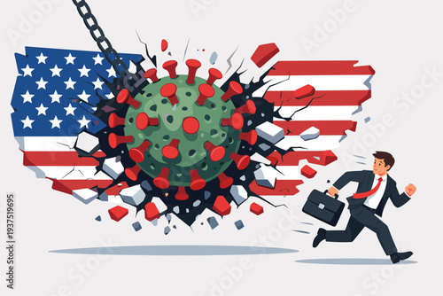 Coronavirus Wrecking Ball Smashing Through USA Map Wall with American Flag Pattern, Businessman Running Away in Panic, COVID-19 Pandemic Impact on United States Economy and Health Concept.
