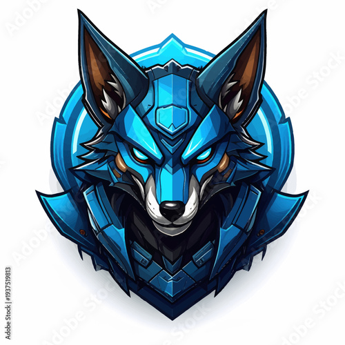 A blue robotic wolf head with glowing eyes and armor plating on a white background with a futuristic feel