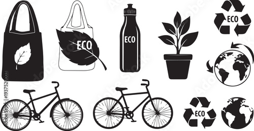 Eco friendly living icons and sustainable lifestyle symbols illustration