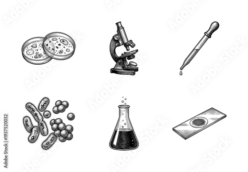 Set of vintage woodcut style laboratory equipment and microbiology illustrations including microscope petri dish and bacteria