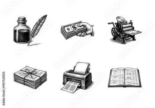 Vintage black and white etching style icons of business finance and printing technology including currency ink ledger and press