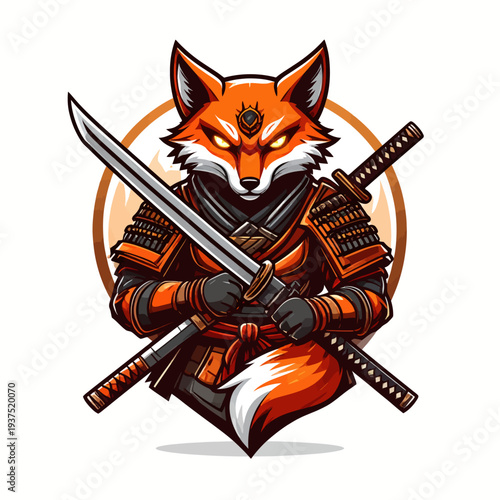 Illustration of a samurai fox warrior holding two swords in orange armor with a circular orange background