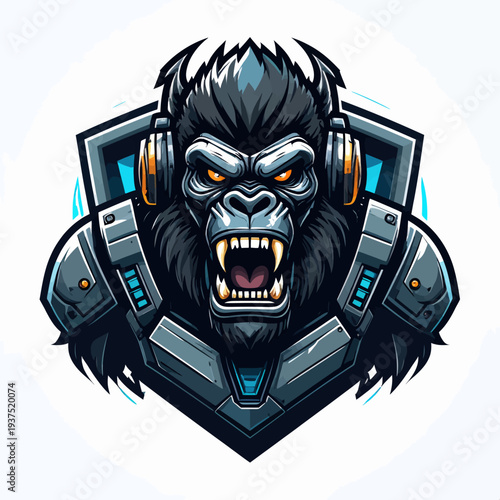 A robotic gorilla with glowing orange eyes and sharp teeth wearing futuristic metallic headphones and armor on a white background