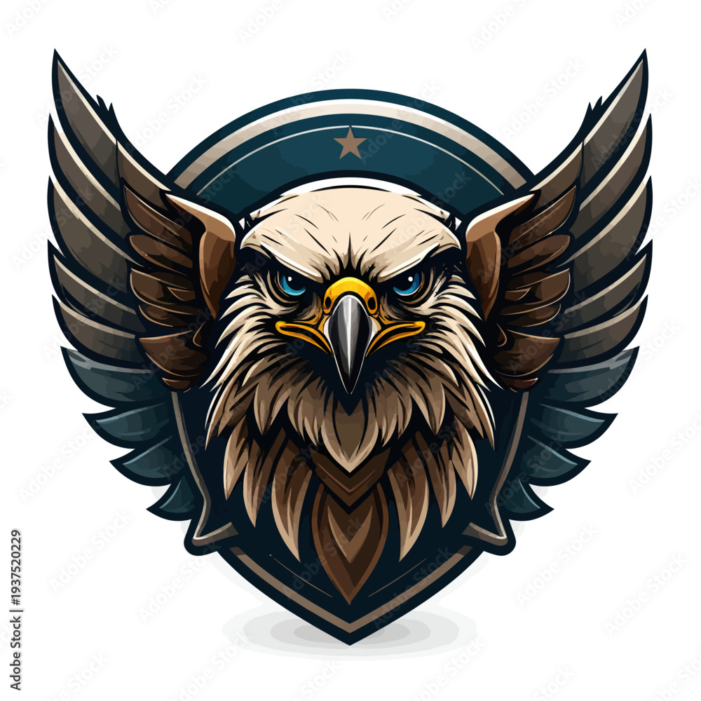 Fototapeta premium A detailed illustration of an eagle's head with outstretched wings on a shield emblem with a star on a white background