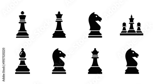 A set of black chess pieces on transparent background