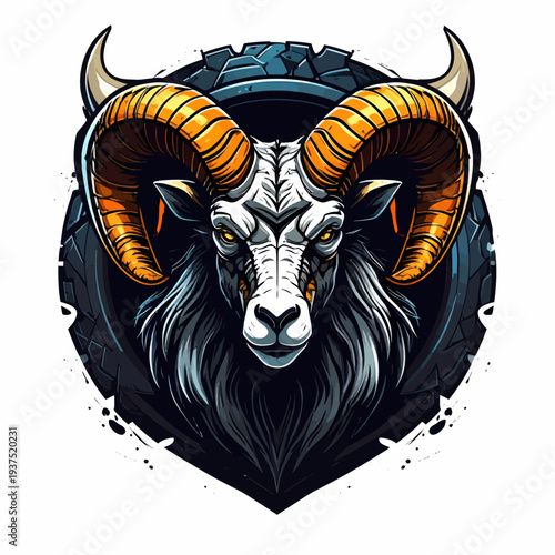 Illustration of a ram's head with large curved horns and a beard on a white background with a shield-like design
