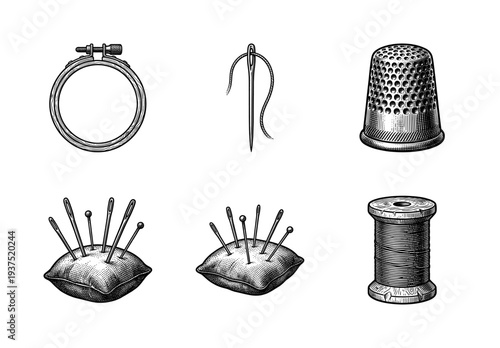 Vintage engraving style collection of sewing and embroidery tools including needles, pincushions, thimble, hoop, and thread spool isolated on white