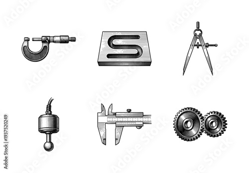 Set of industrial engineering and mechanical measurement tools in vintage woodcut engraving style including micrometer calipers and gears