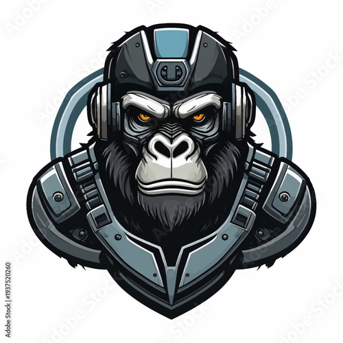 A futuristic cartoon gorilla wearing a metallic headset and armor on a white background with a robotic mood