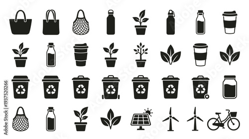 A set of eco-friendly icons including reusable bags, bottles, plants, recycling symbols, solar panels, and bicycles on transparent background