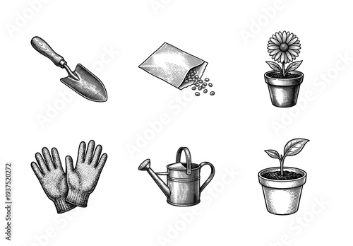 Vintage engraving style gardening tool set including trowel, seeds, gloves, watering can, and potted plants for horticulture and spring planting concepts.