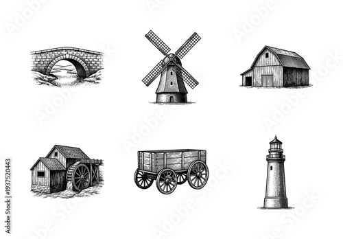 Vintage collection of rustic countryside architecture and transport elements in hand drawn woodcut engraving style including windmill watermill barn and bridge.