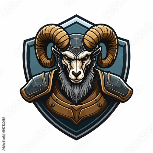 Illustration of a ram's head wearing armor and a shield with a bold design on a white background