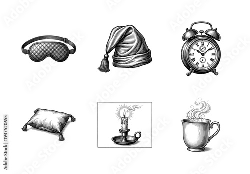 Set of vintage sleep and bedtime icons featuring an alarm clock, nightcap, eye mask, pillow, candle, and steaming mug in a woodcut engraving style