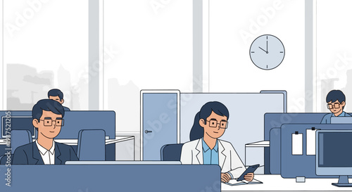 Office Workers Using Computers in Modern Workplace.