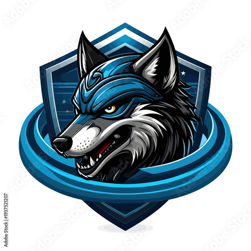 A cartoon wolf's head with blue and black fur and yellow eyes is centered in a blue shield emblem on a white background
