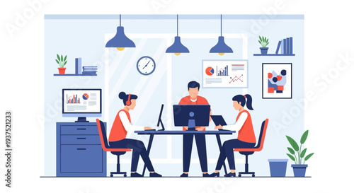 Three office workers using computers together.