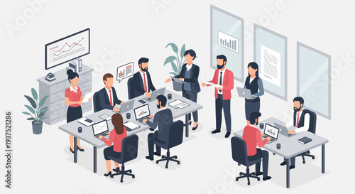 Office Workers Collaborating at Workstations.