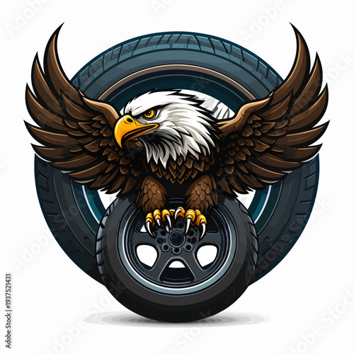 An eagle with outstretched wings grasps a tire rim on a white background with a bold graphic style